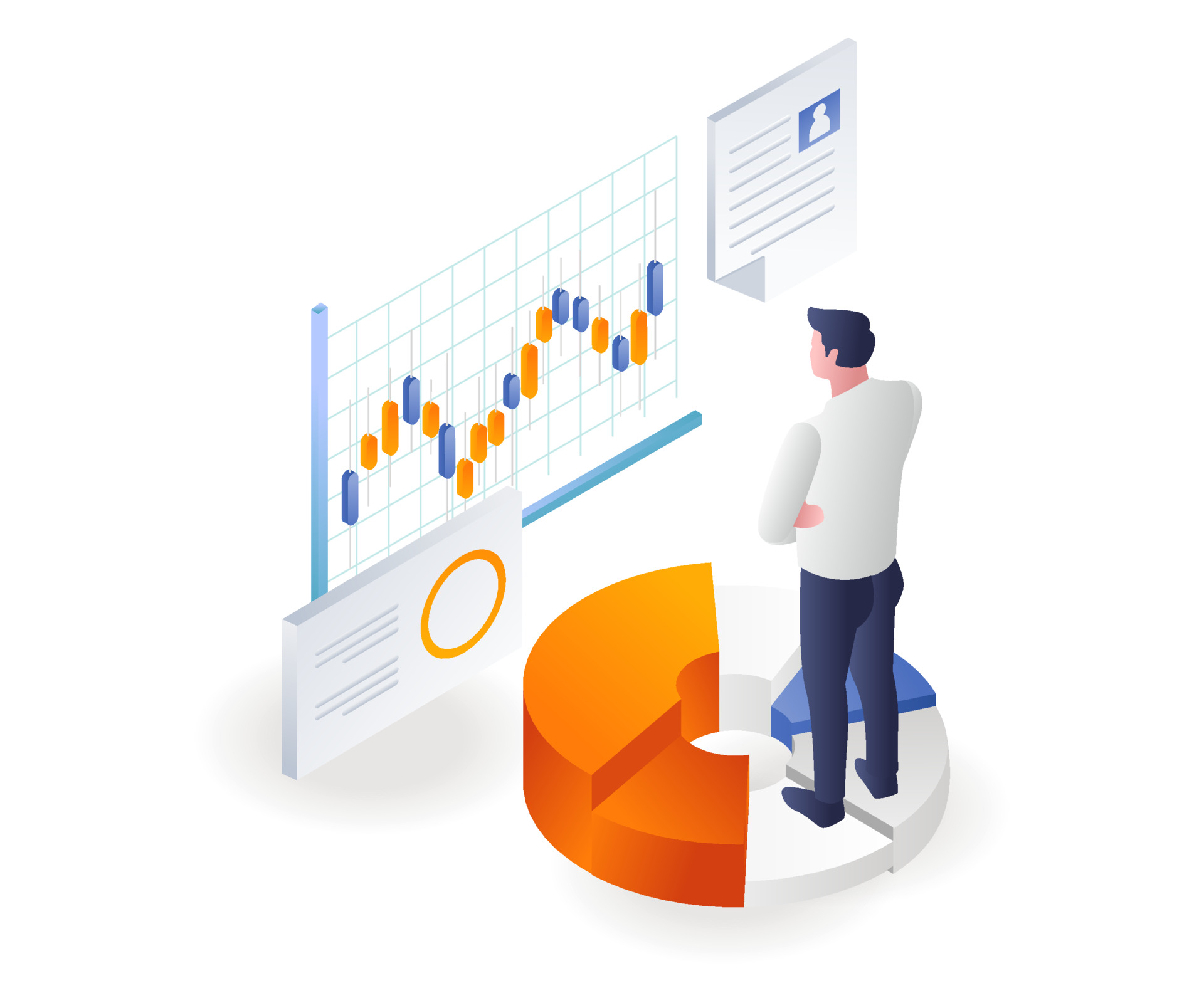 The man is analyzing the development of trading investment stock trading learning objective
